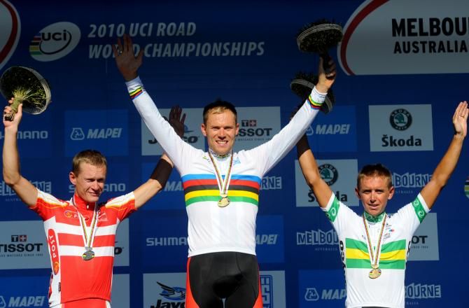 The 2010 World Championships podium (l-to-r): Matti Breschel (Denmark), Thor Hushovd (Norway) and Allan Davis (Australia)