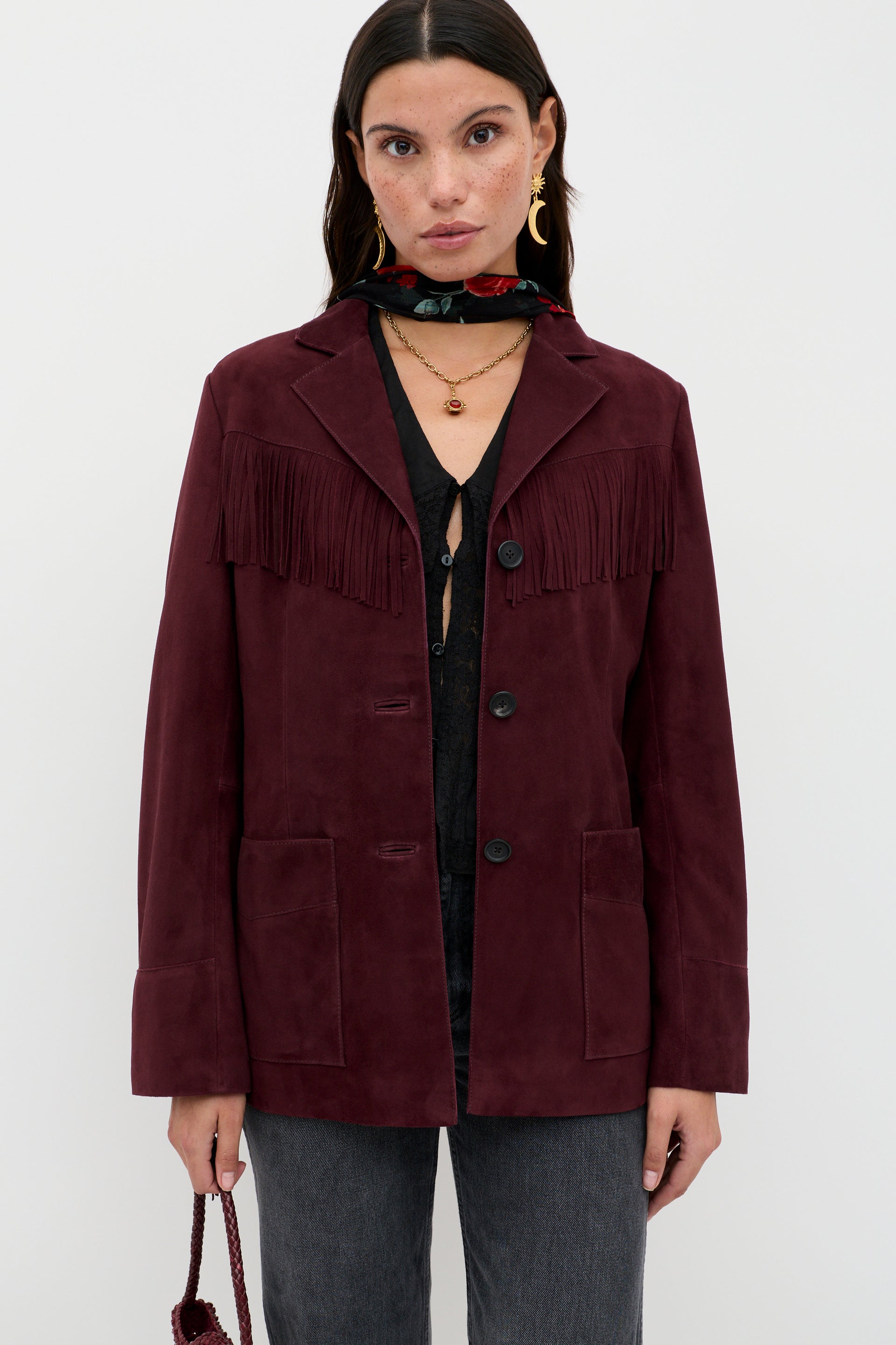 Teagan Suede Jacket in Burgundy Maroon