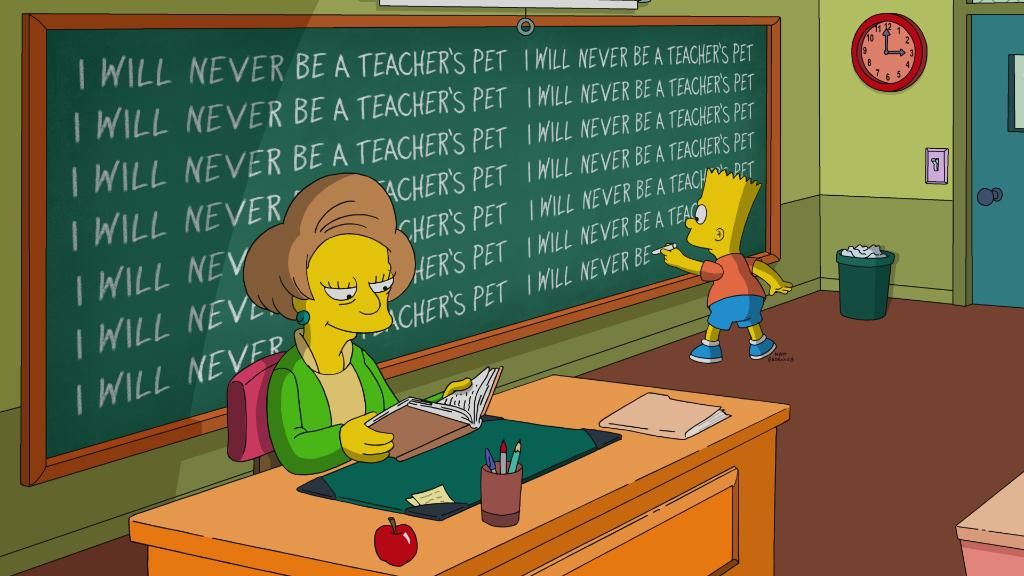 Edna Krabappel, with Bart Simpson writing &#039;I will never be a teacher&#039;s pet&#039; on the blackboard behind her.