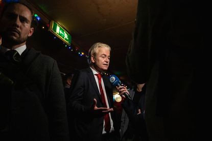 Geert Wilders, leader of the Dutch Freedom Party (PVV), speaks at an election night party in The Hague, Netherlands