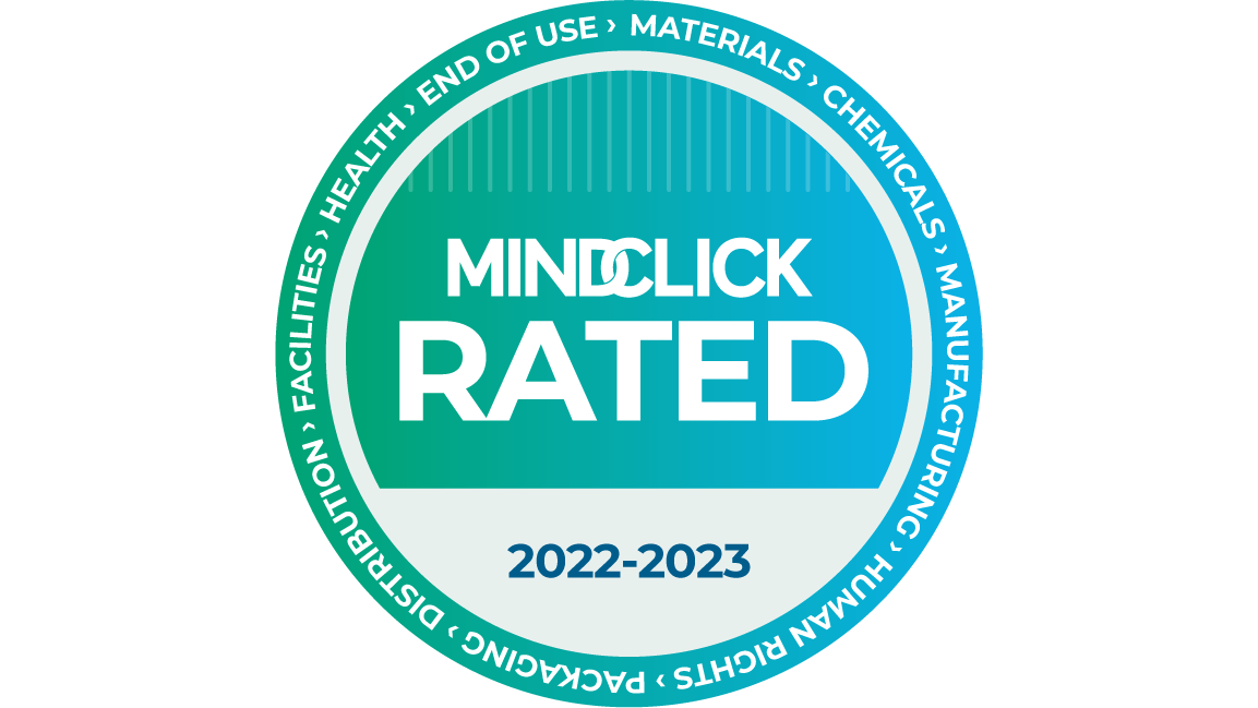 The badge for the MindClick ‘Leader’ Rating earned by LG Business Solution displays for sustainability. 