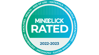 The badge for the MindClick ‘Leader’ Rating earned by LG Business Solution displays for sustainability. 