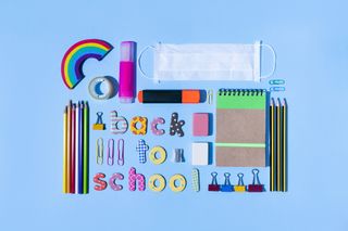 Back to school stationary on a blue background