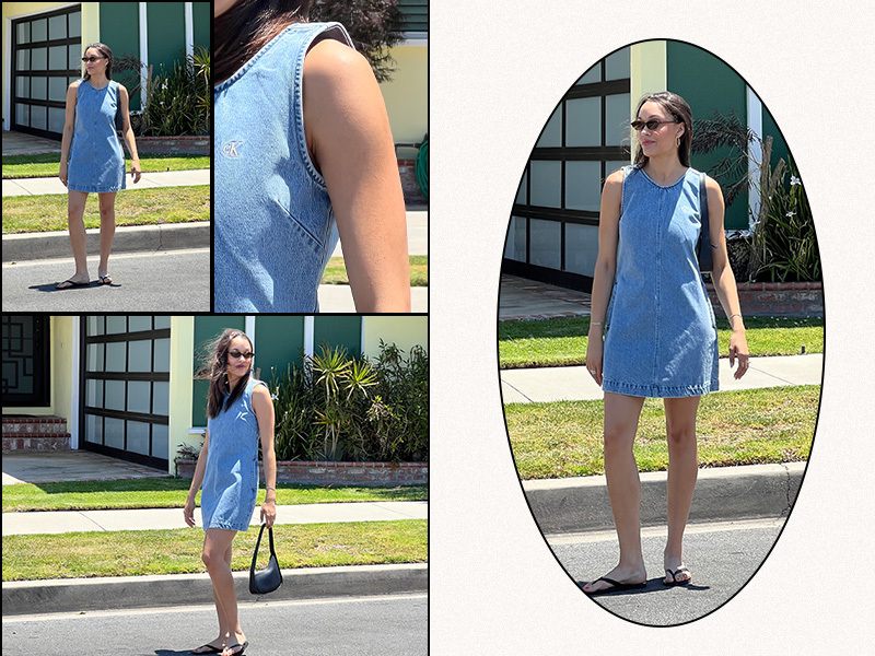 Editor wearing denim shift dress and sandals