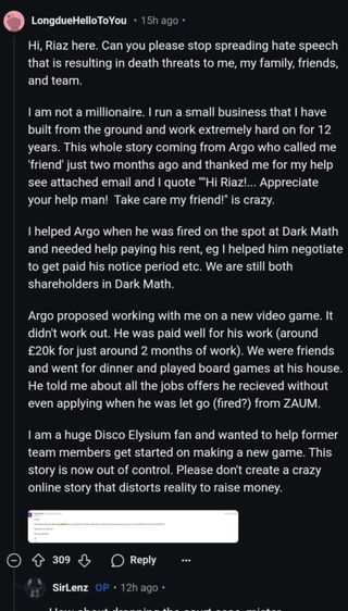 Reddit post by user LongdueHelloToYou, identifying the speaker as Riaz Moola, calling a fundraising post by former Disco writer Argo Tuulik "hate speech," and providing details of Tuulik and Moola's business dealings, along with a screenshot of an email from Tuulik to Moola