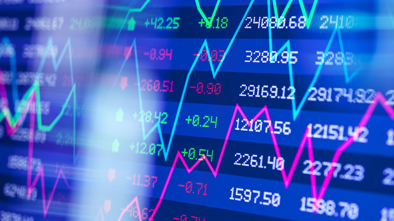 Digital graphic display of stock market trading ups and downs. 