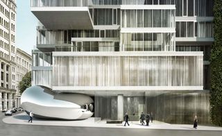 Daytime artists impression of a white glass fronted building, ground level Anish Kapoor sculpture wedged into the structures lobby, passers by viewing the art, curved road at the fornt with parked cars at the side of the building, pale blue sky