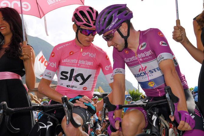 Race leader Chris Froome (Team Sky) and points-jersey winner Elia Viviani (Quick-Step) ahead of stage 20 at the 2018 Giro