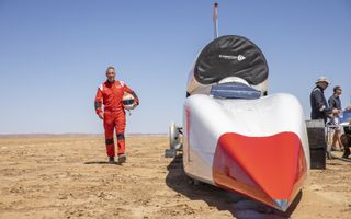 The existing land speed record is 761 miles an hour. It was set by former Royal Air Force pilot Andy Green in 1997, driving the Thrust SSC supersonic vehicle in Nevada’s Black Rock Desert. Now Green is driving the Bloodhound for its speed tests in South Africa – and he will be behind the wheel for the coming record attempts.