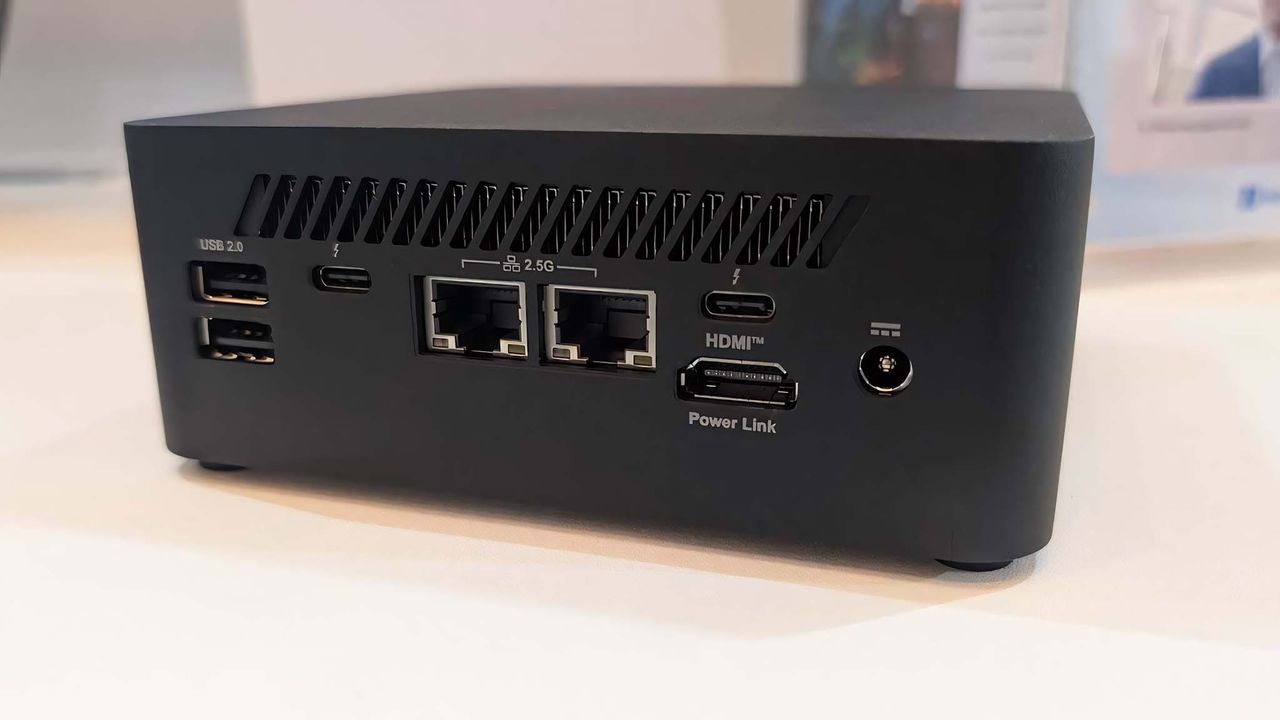 Backside of the MSI Cubi NUC AI+ 2M mini PC with ports facing out.