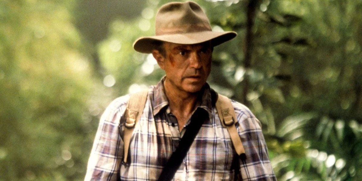 Jurassic Park III Sam Neill walking through the jungle, shocked