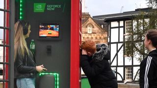 Lady playing in the Nvidia GeForce Now phone box