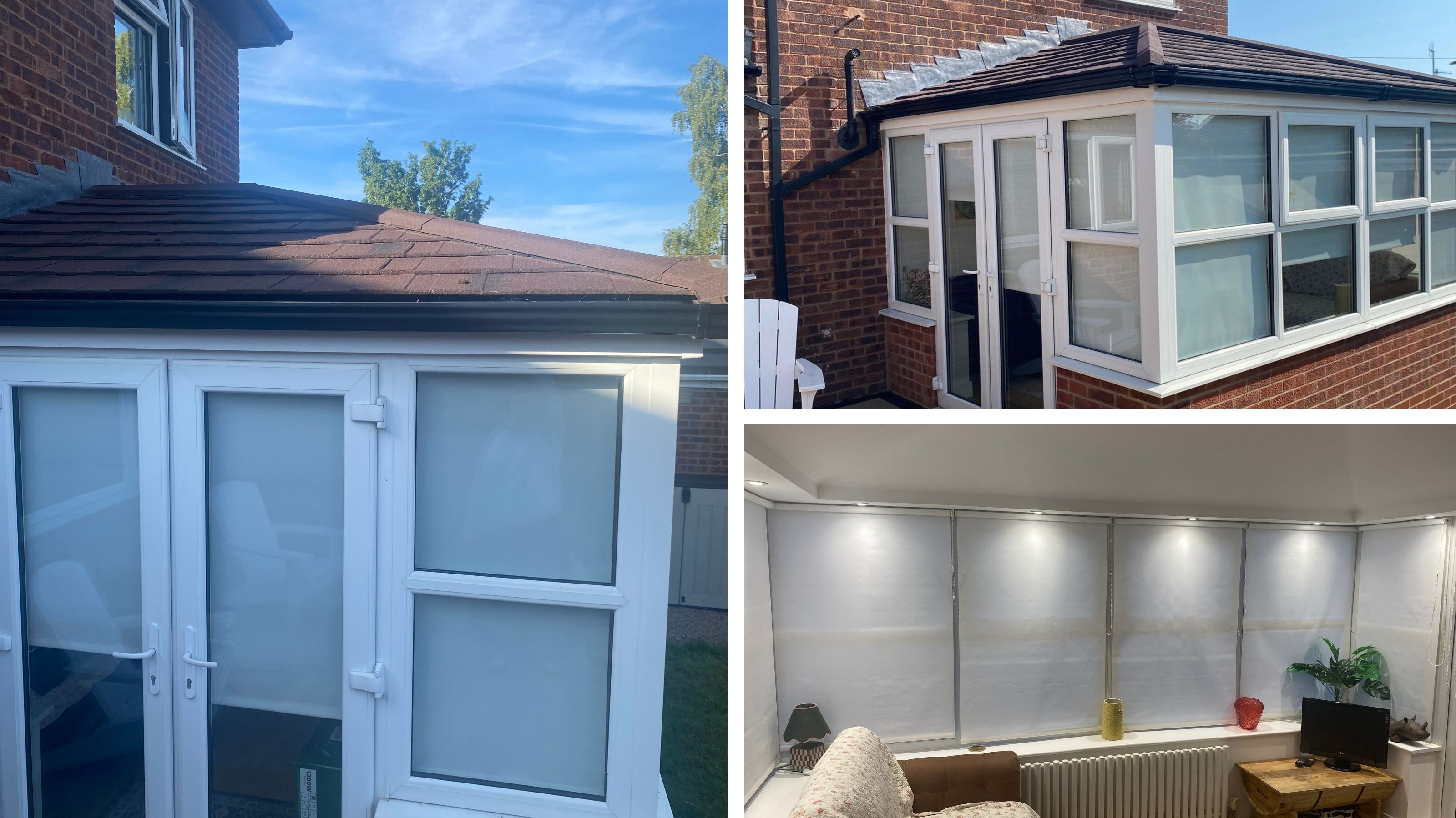 Spliced image showing the exterior and interior of a conservatory roof replacement