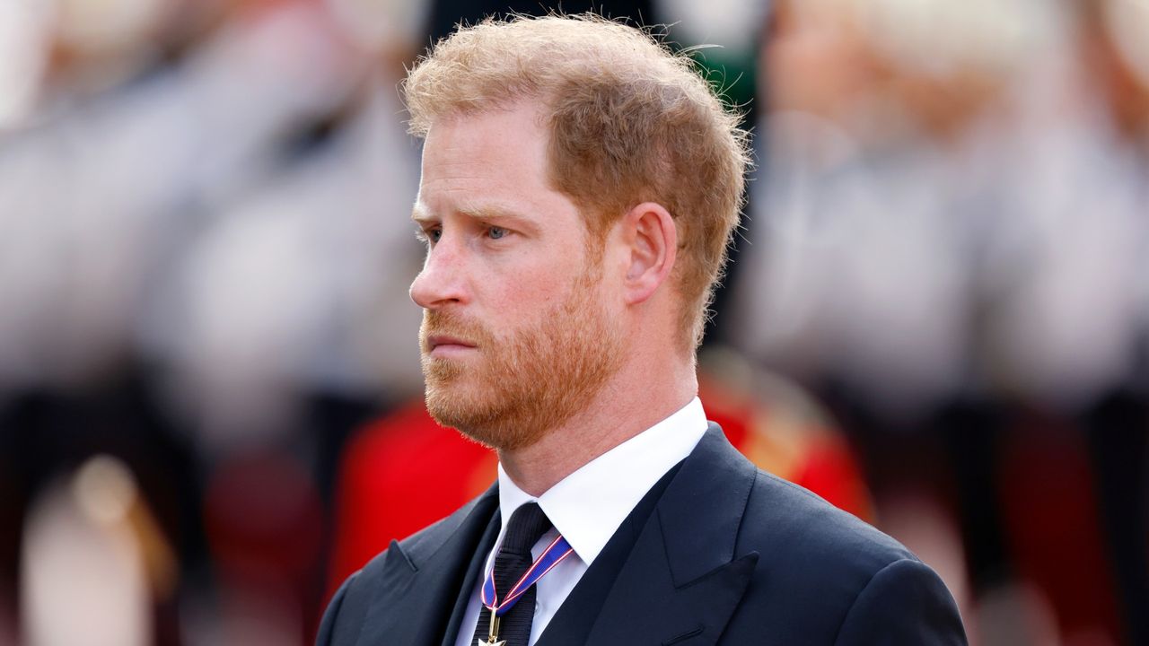 Prince Harry, Duke of Sussex walks behind Queen Elizabeth II&#039;s coffin