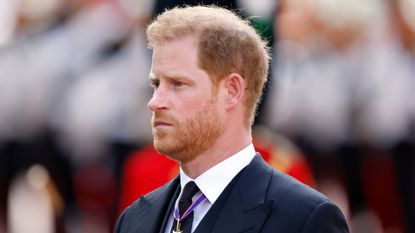 Prince Harry, Duke of Sussex walks behind Queen Elizabeth II's coffin