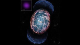 A huge sphere of material and energy surrounds the neutron star collision.