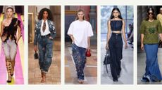 Six images of models coming down the runway wearing the denim trends 2024