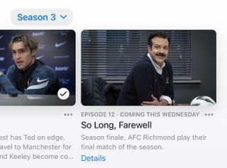 The Apple TV app shows the Ted Lasso season 3 finale preview, with Jason Sudeikis as Ted Lasso