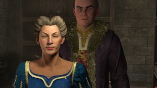 Oblivion imperial woman in blue dress with imposing Nord in regal fur coat looming behind her intimidatingly.