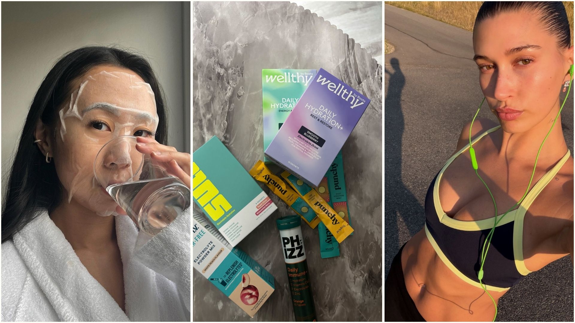 A collage including a woman drinking water with a face mask on, a selection of electrolytes on a grey marble table and Hailey Bieber in a workout set