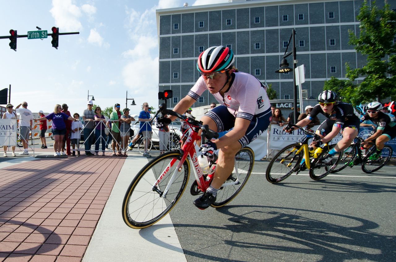 Riders lean in to the turn at the top of the climb.