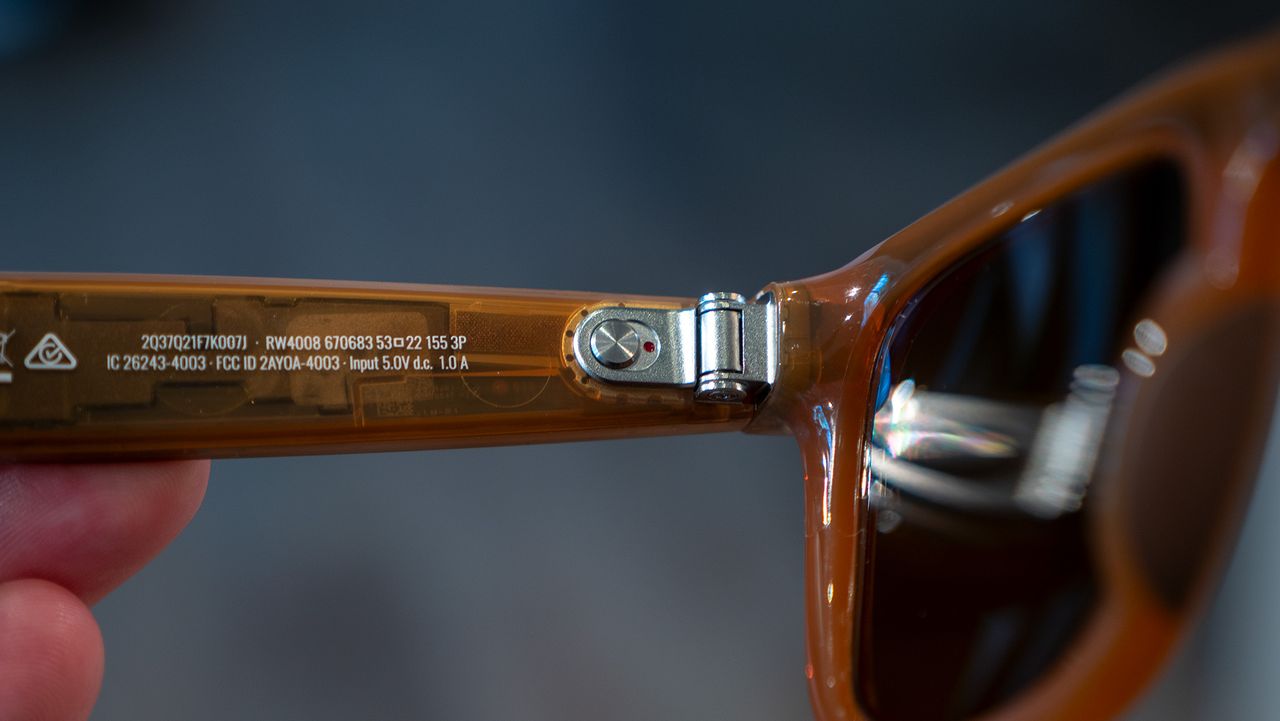 A close-up look at Ray-Ban Meta smart glasses redesigned power switch