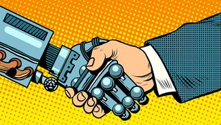 carton pop art style handshake between human and robot