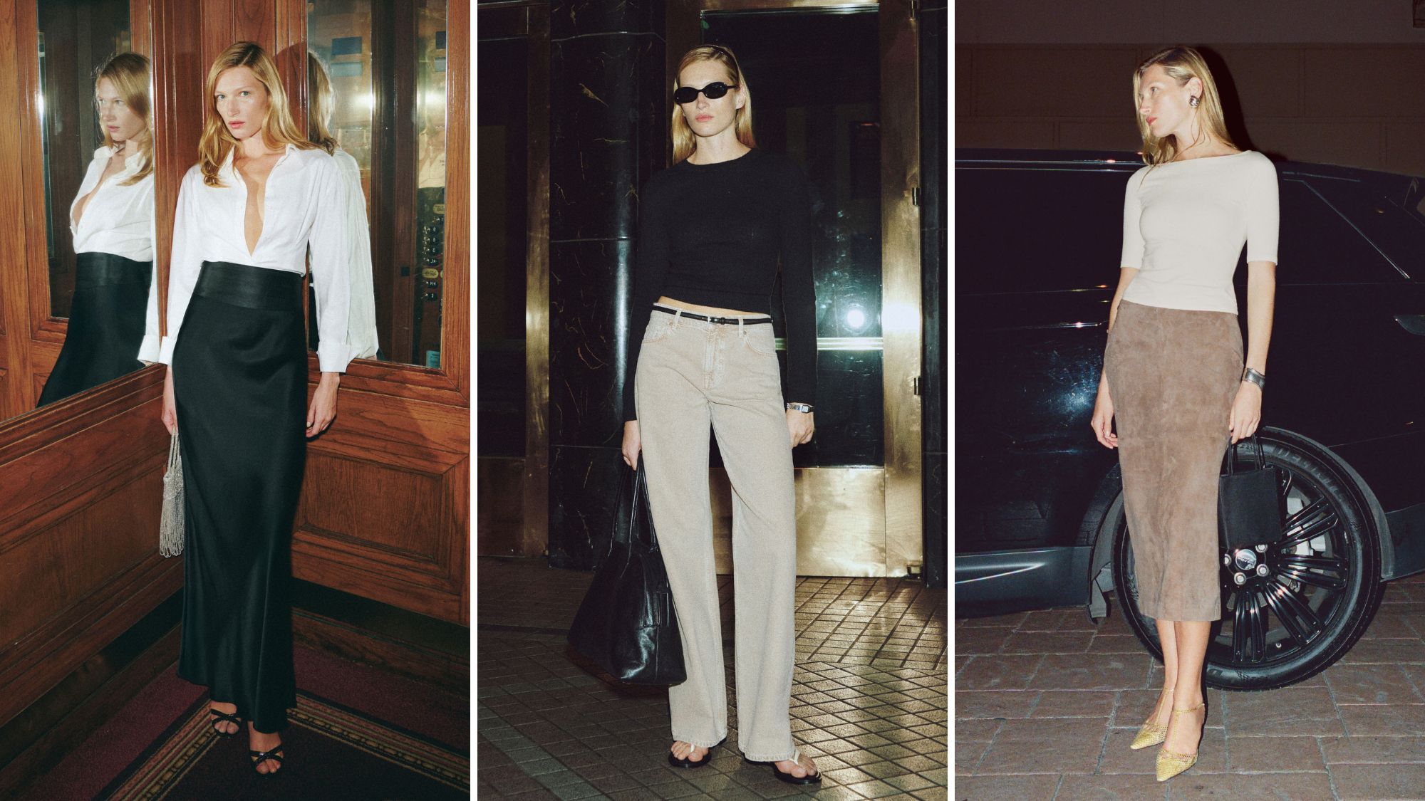 a composite of models wearing reformation's 90s minimalist collection inspired by carolyn bessette kennedy