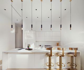 modern white kitchen with modern pendant lights