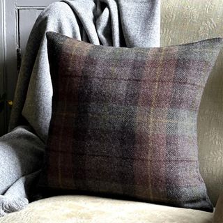 Harris Tweed tartan cushion in purple and green print