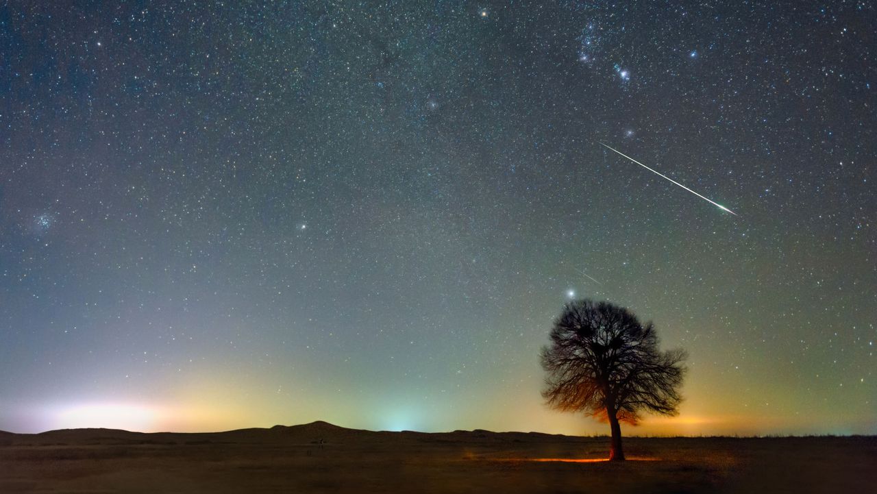 a starry sky with a tree and the ground below