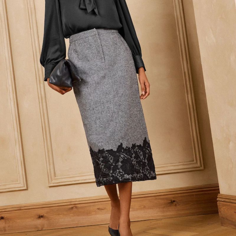 Love &amp;amp; Roses, Herringbone Lace Hem Midi Pencil Skirt