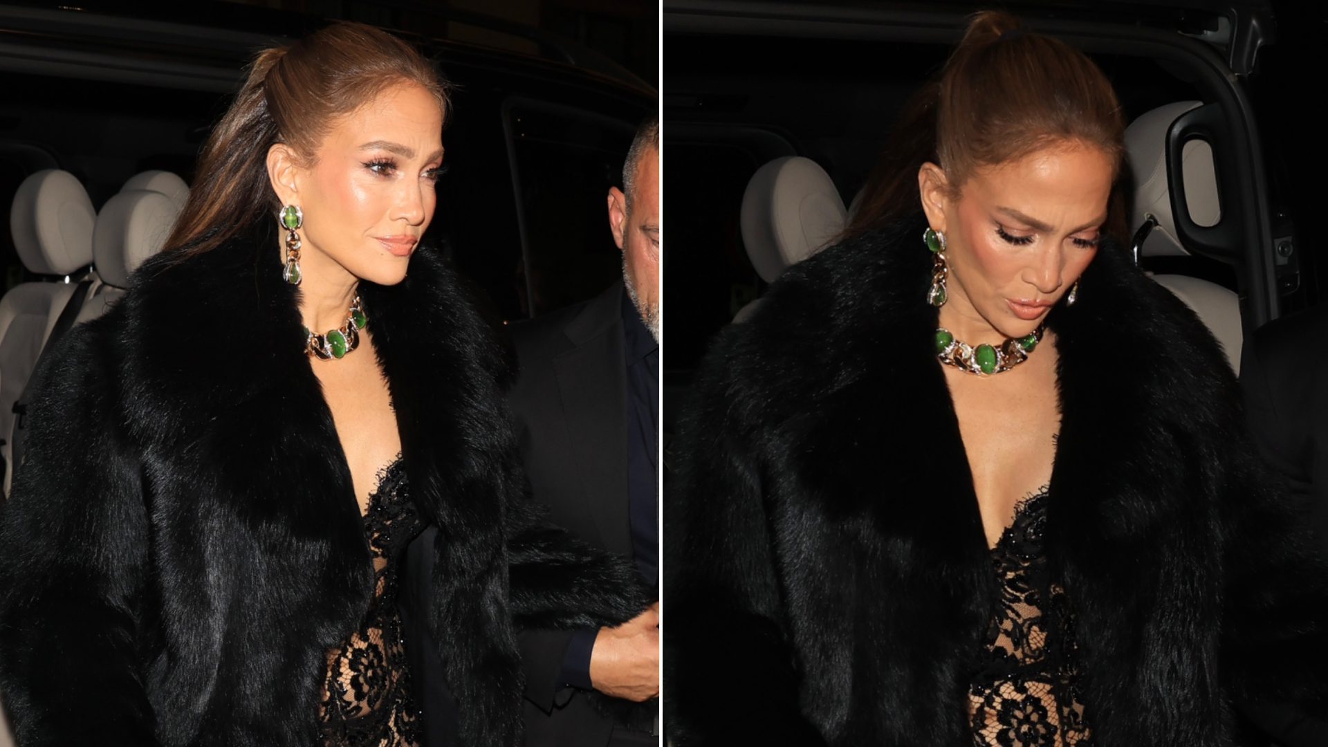 Jennifer Lopez in Milan wearing a black lacy lingerie slip as a naked dress with a fur coat to attend a Dolce and Gabbana party