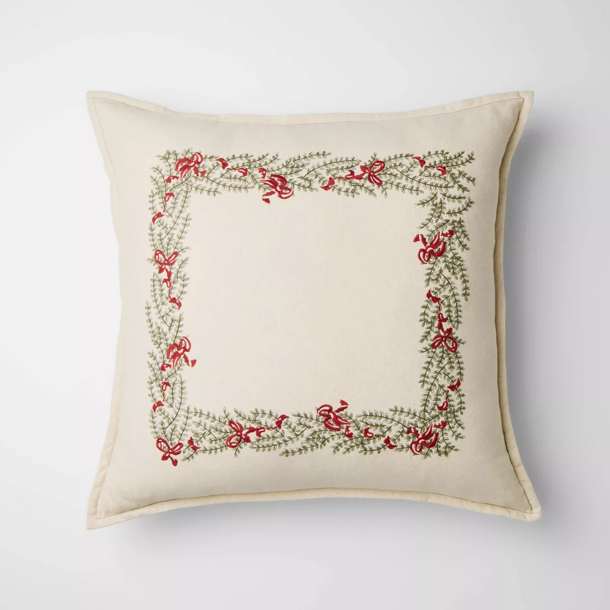 Natural Embroidered Green and Bows Pillow - 24 X 24u0026#34; - Thresholdu0026#8482; Designed With Studio Mcgee