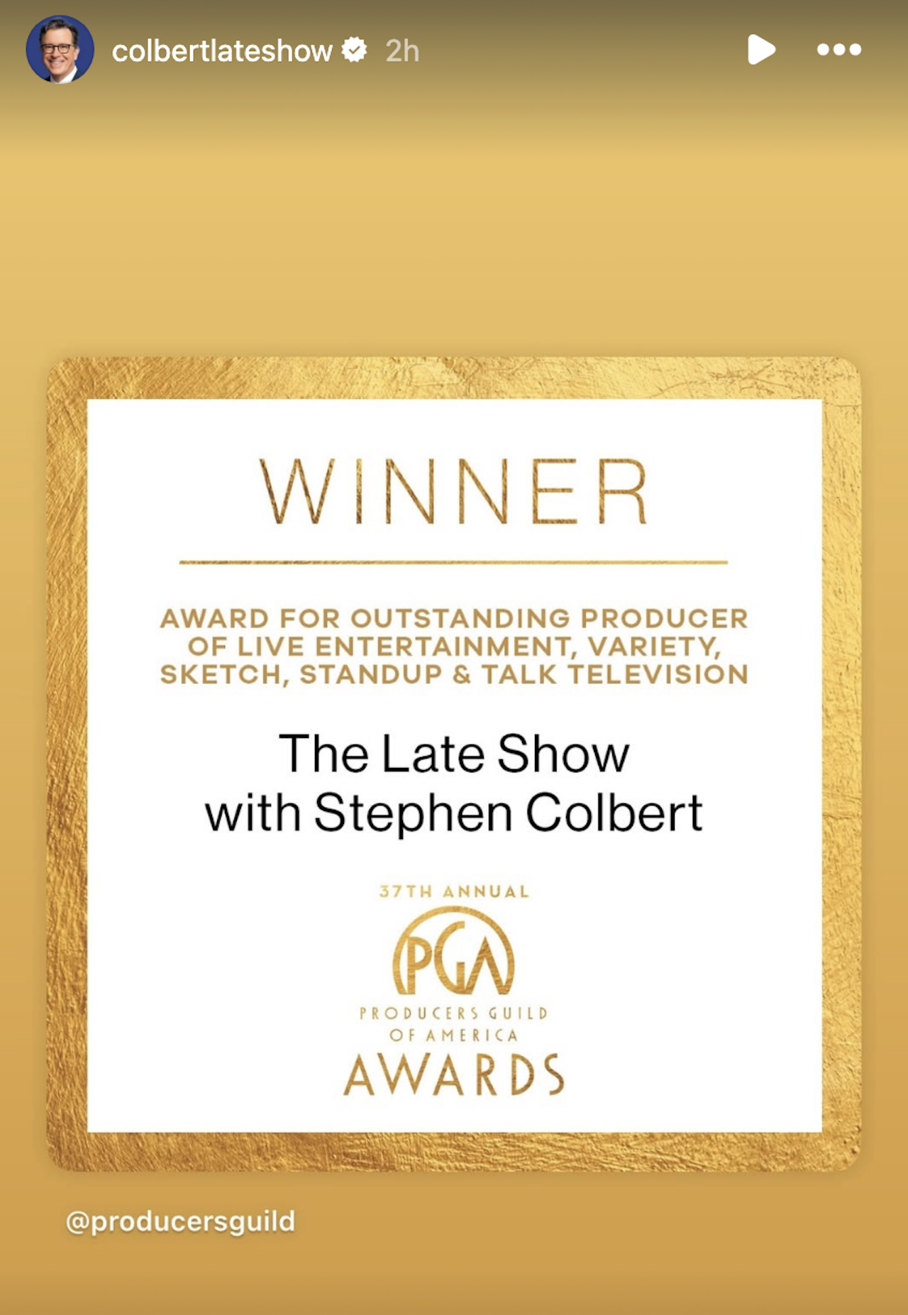 PGA award winner post on Instagram Stories from The Late Show with Stephen Colbert