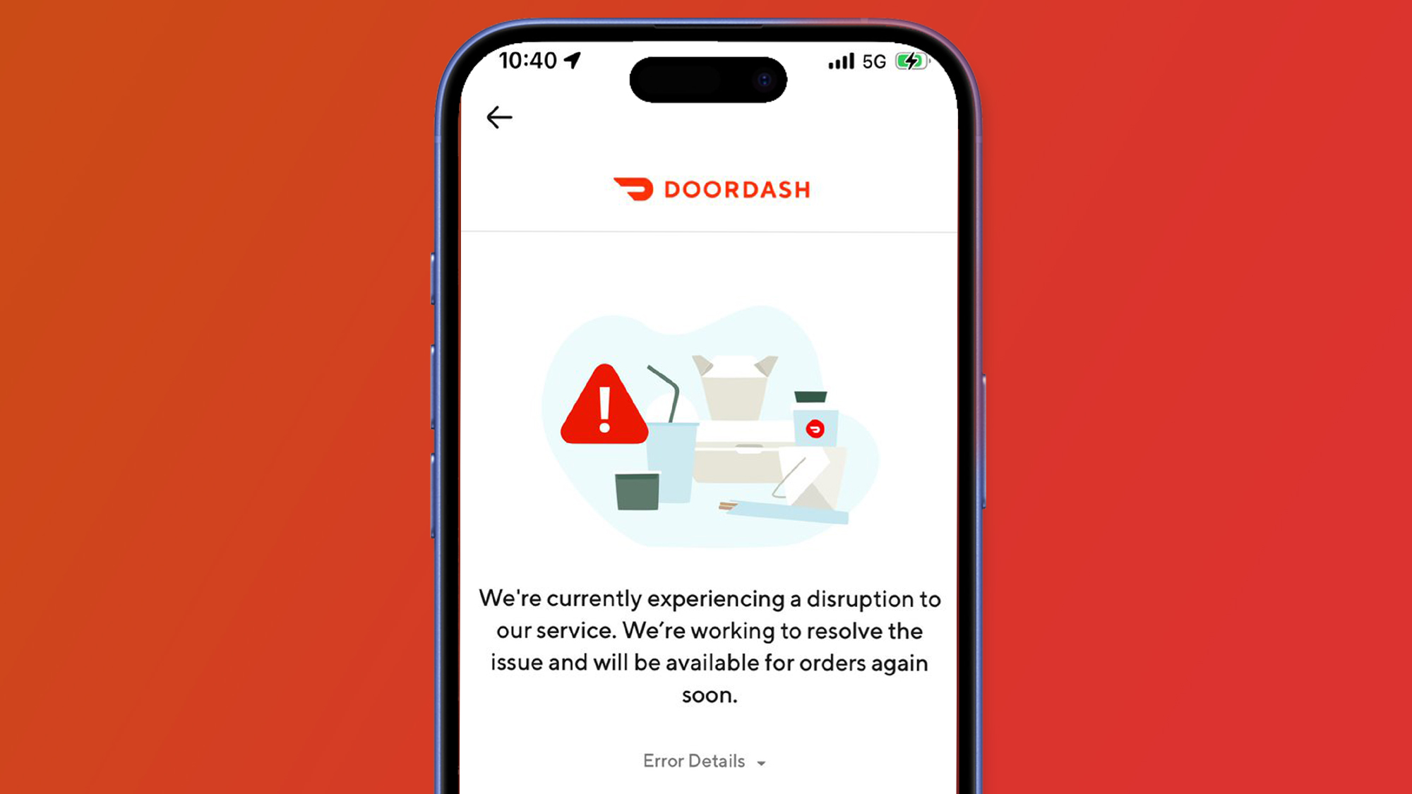 A phone on a red background showing the DoorDash app showing an error message