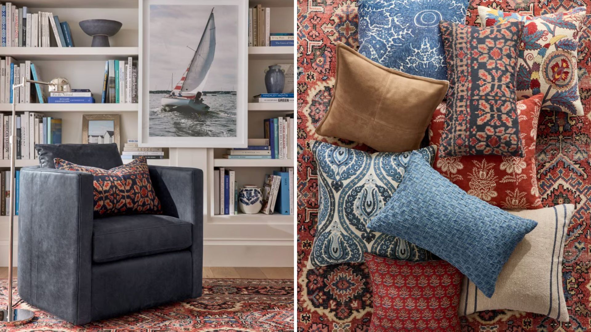 Blue living room armchair in front of white bookcases with a framed boat picture next to an overhead image of traditional patterned cushions and rugs