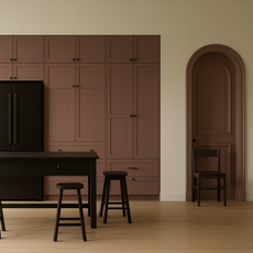 render of a kitchen with pink cabinets and arched doorway