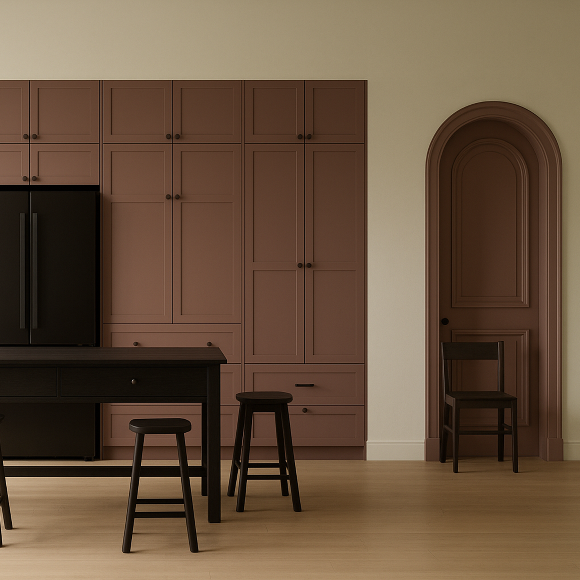 render of a kitchen with pink cabinets and arched doorway