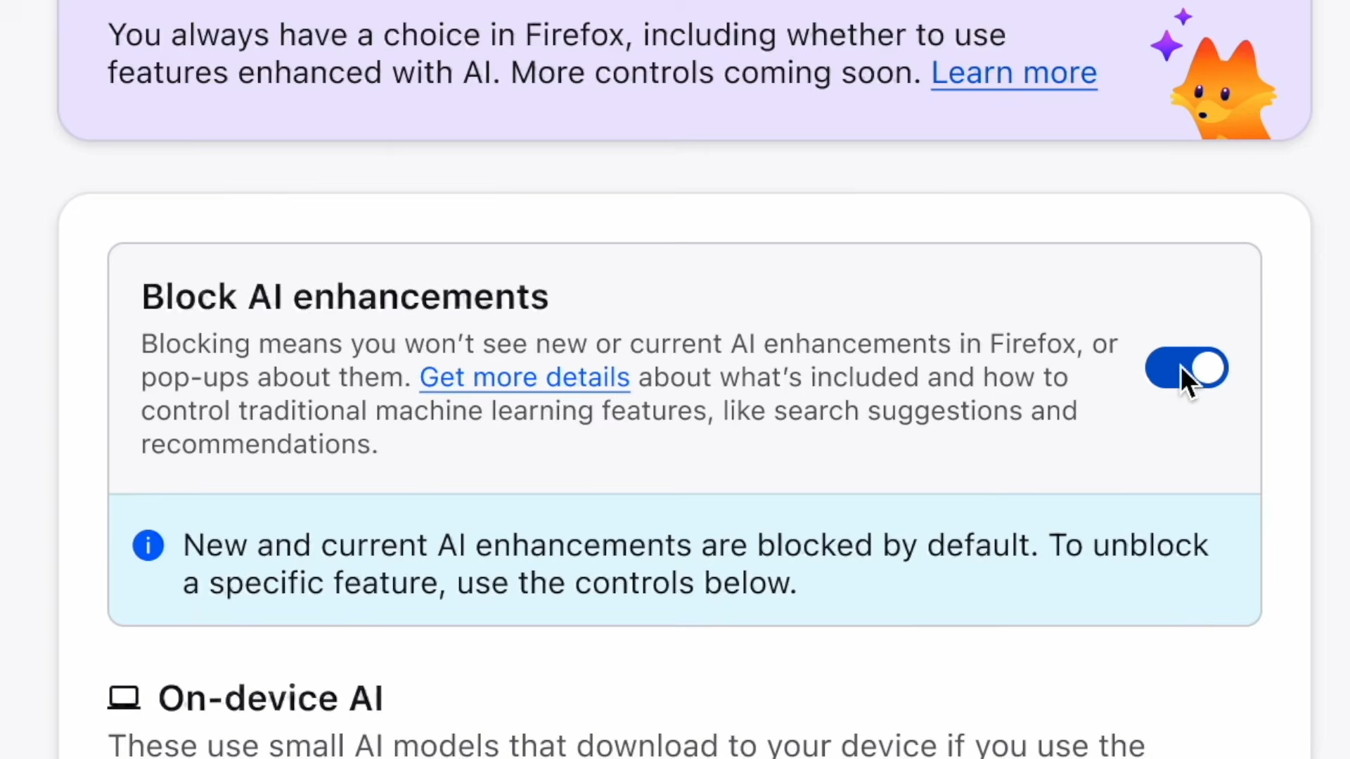 A screenshot from a Firefox YouTube video, showing an AI controls menu integrated into the browser settings.