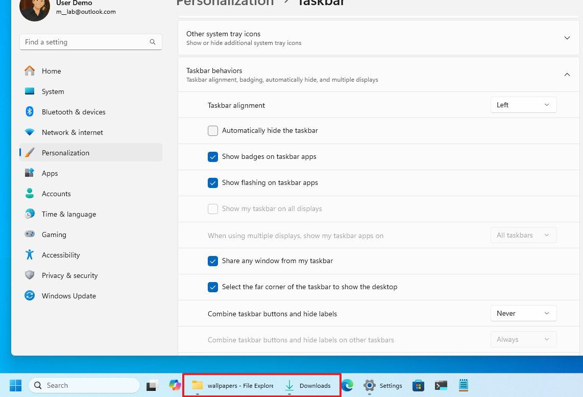 Taskbar with labels displayed