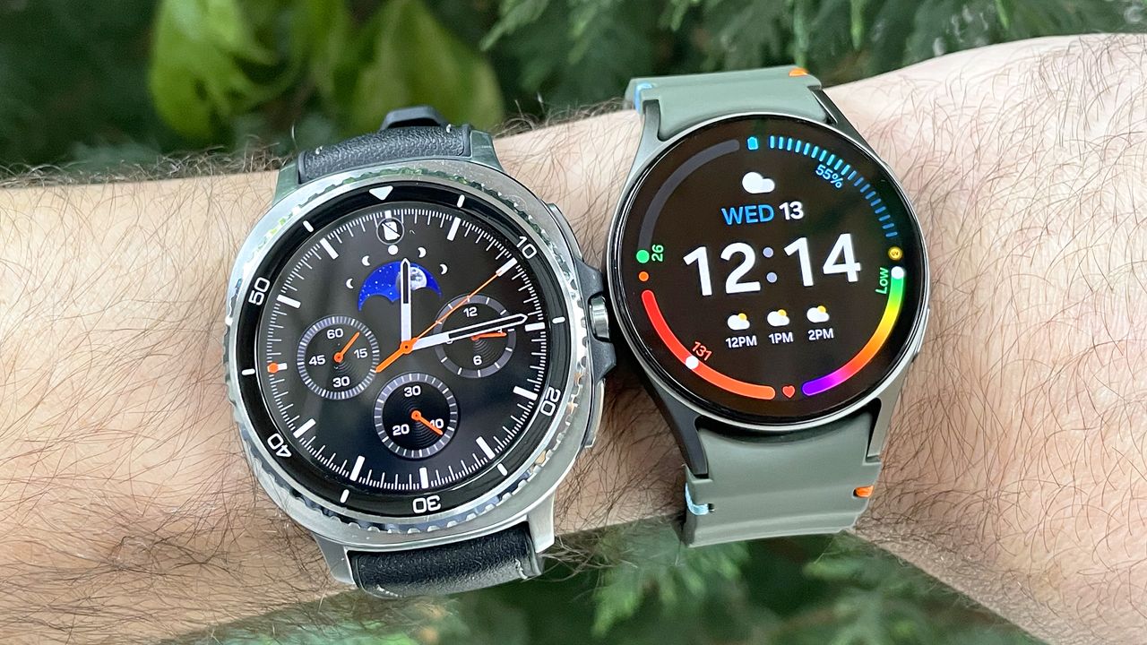 Close-up of a user's wrist wearing the Samsung Galaxy Watch 8 Classic (left) and Galaxy Watch 7 (right)