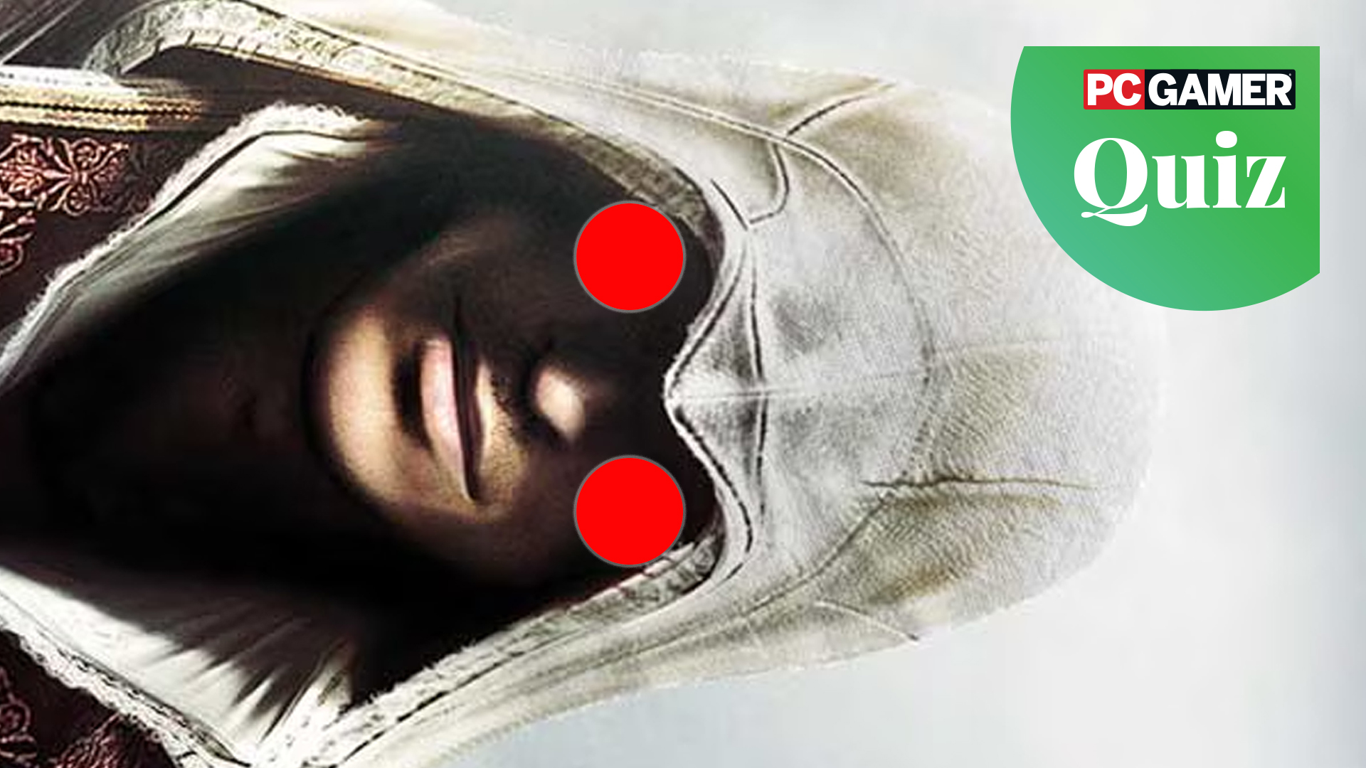 An Assassin&#039;s Creed character with a colon punctuation mark where his eyes should be