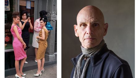 Left: A group of four women in colorful 1960s dresses stand on a sidewalk, engaged in conversation outside a storefront. Right: A portrait of Joel Meyerowitz, wearing a dark jacket and a textured scarf, against a softly lit background