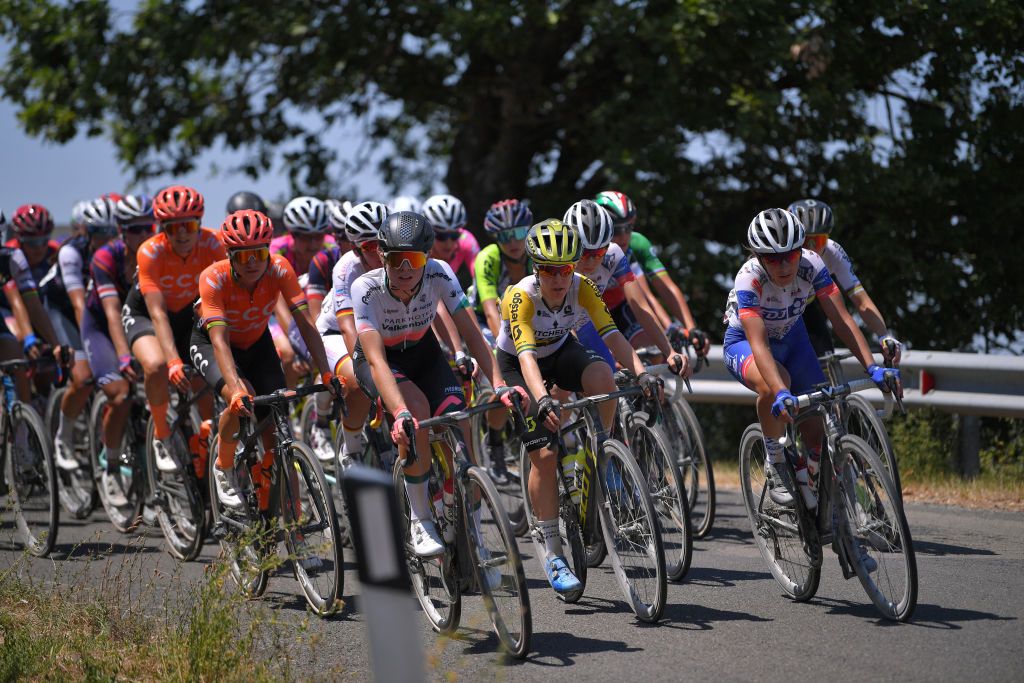 SIENA ITALY AUGUST 01 Marianne Vos of The Netherlands and Team CCCLiv Demi Vollering of The Netherlands and Team Parkhotel Valkenburg Amanda Spratt of Australia and Team Mitchelton Scott Peloton during the Eroica 6th Strade Bianche 2020 Women Elite a 136km race from Siena to Siena Piazza del Campo StradeBianche on August 01 2020 in Siena Italy Photo by Luc ClaessenGetty Images