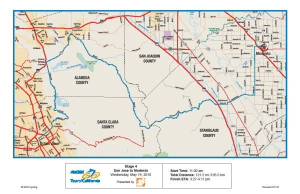 Stage 4: Wednesday, May 19, 2010 - San Jose - Modesto, 195.5km, map