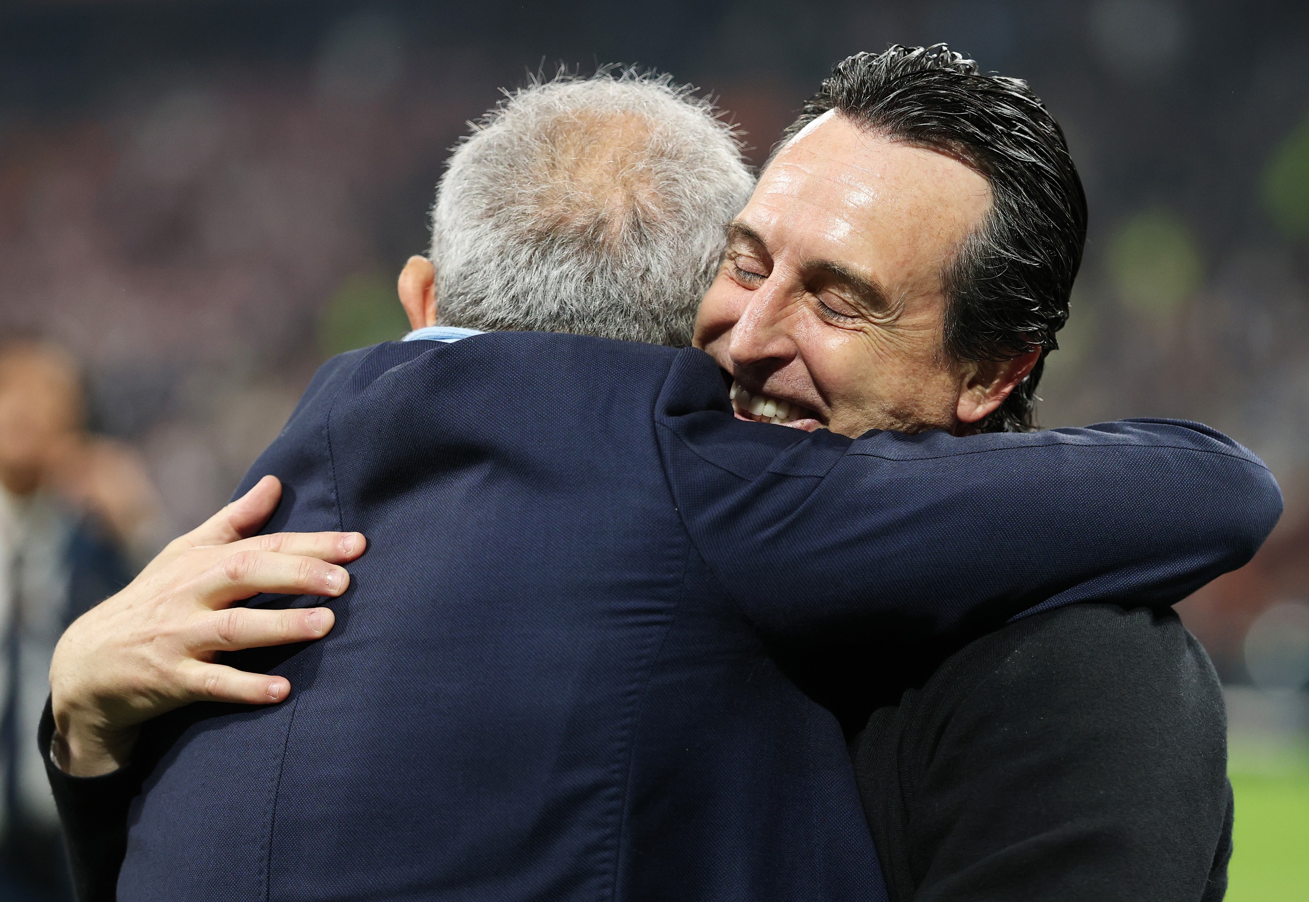 Aston Villa co-owner Nassef Sawiris and manager Unai Emery celebrating Villa's Europa League win