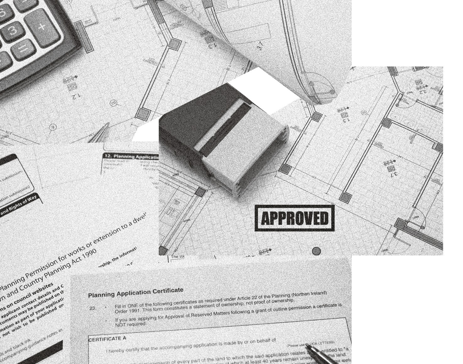 A close-up of planning documents, including an 'APPROVED' stamp, a calculator, and architectural plans, illustrating the planning permission process.