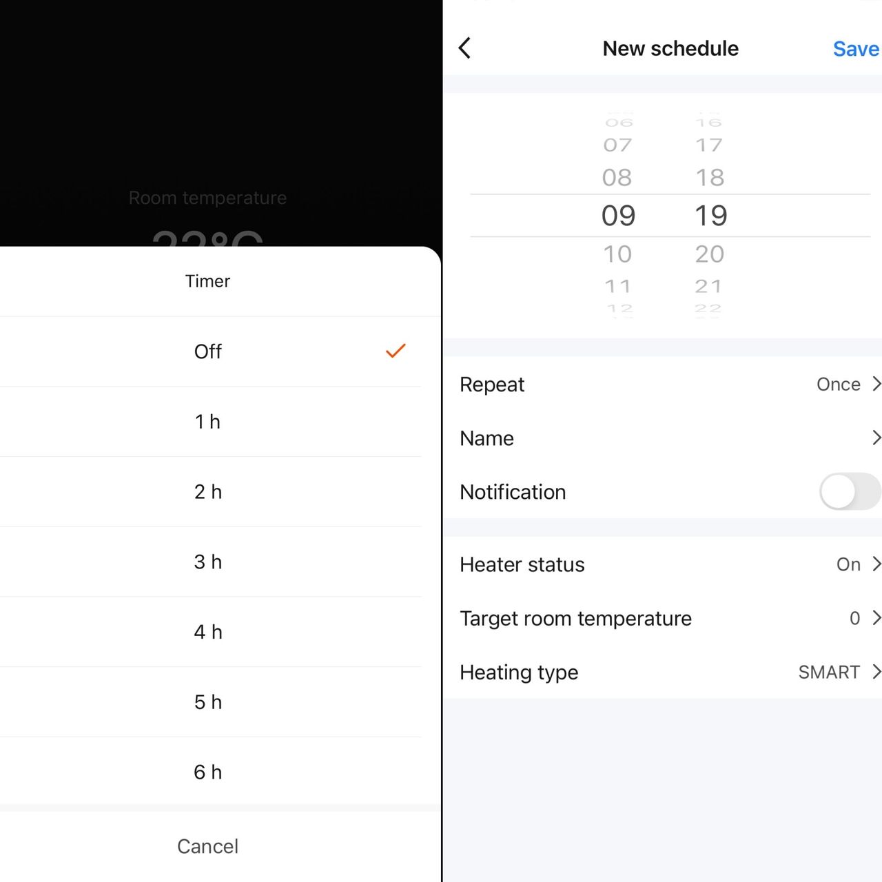 Screenshot of the AENO app, where you can set timers and schedules