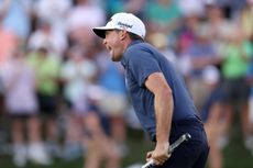 Keegan Bradley celebrates winning the BMW Championship